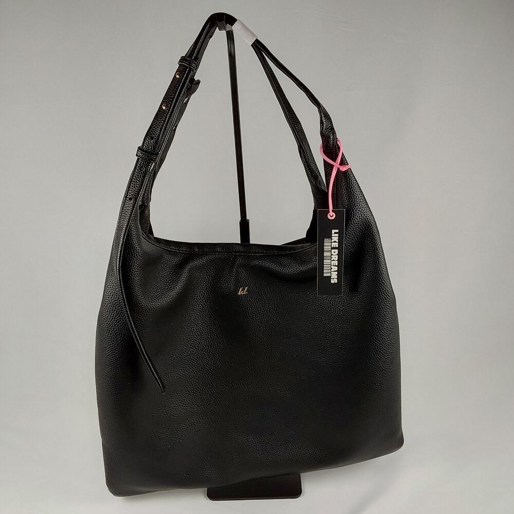 LIKE DREAMS Black Pebbled Vegan Leather Hobo Shoulder Tote Bag Large NWT